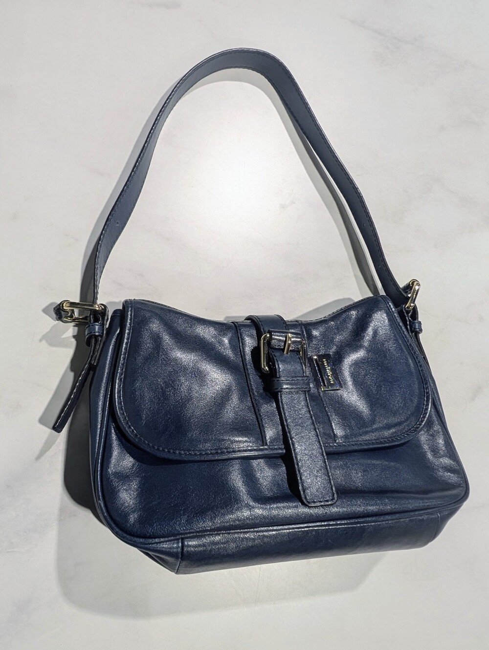 Nannini Navy Leather Shoulder Bag with Front Buckle